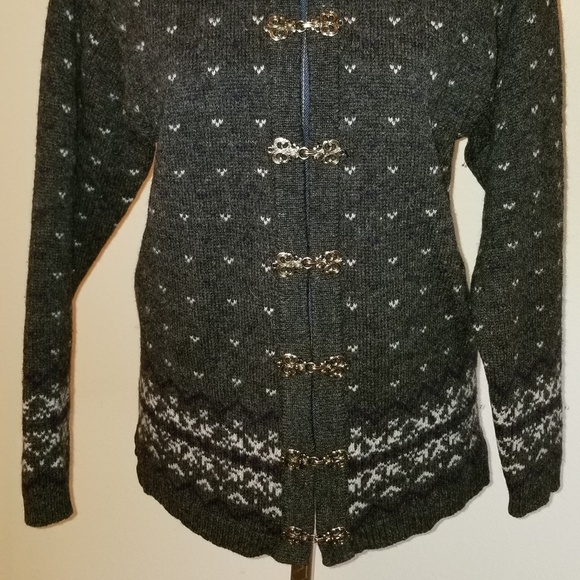 ✅#10 Mac & Jac Grey Multi-Color Wool Fair Isle Hand Knit Cardigan Removable Fur! - Picture 10 of 16